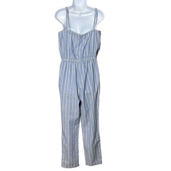 Cisono Women's Sleeveless Spaghetti Strap Waist Tie Striped Blue Jumpsuit Medium - Picture 2 of 11